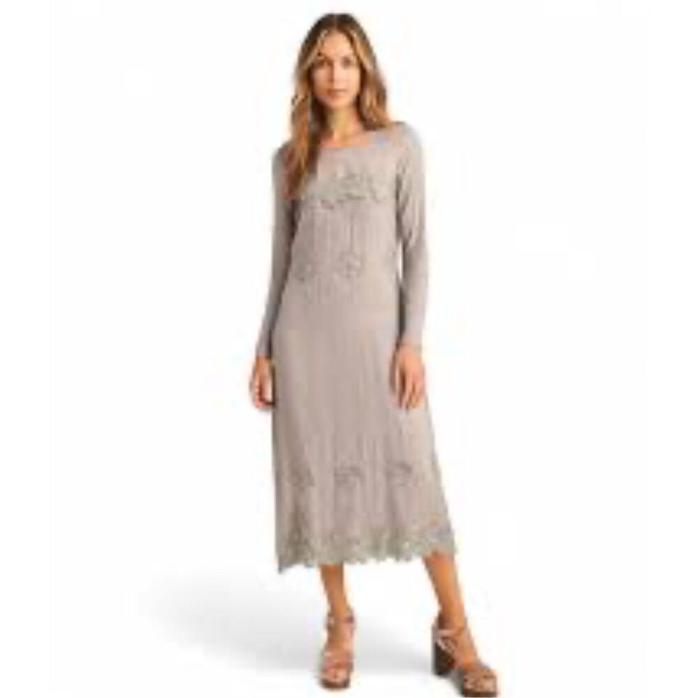 Sundance Embroidered Gray Midi Dress Lace Knit Women’s 6 Boho Long Sleeve